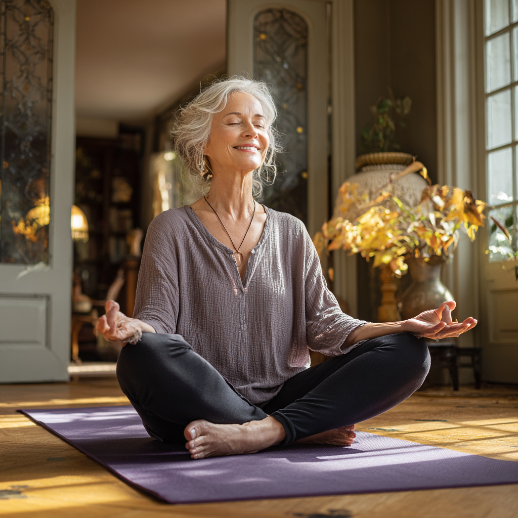 Жінка 55 років виконує асану лотоса в домашній обстановці, посміхається та виглядає розслаблено
