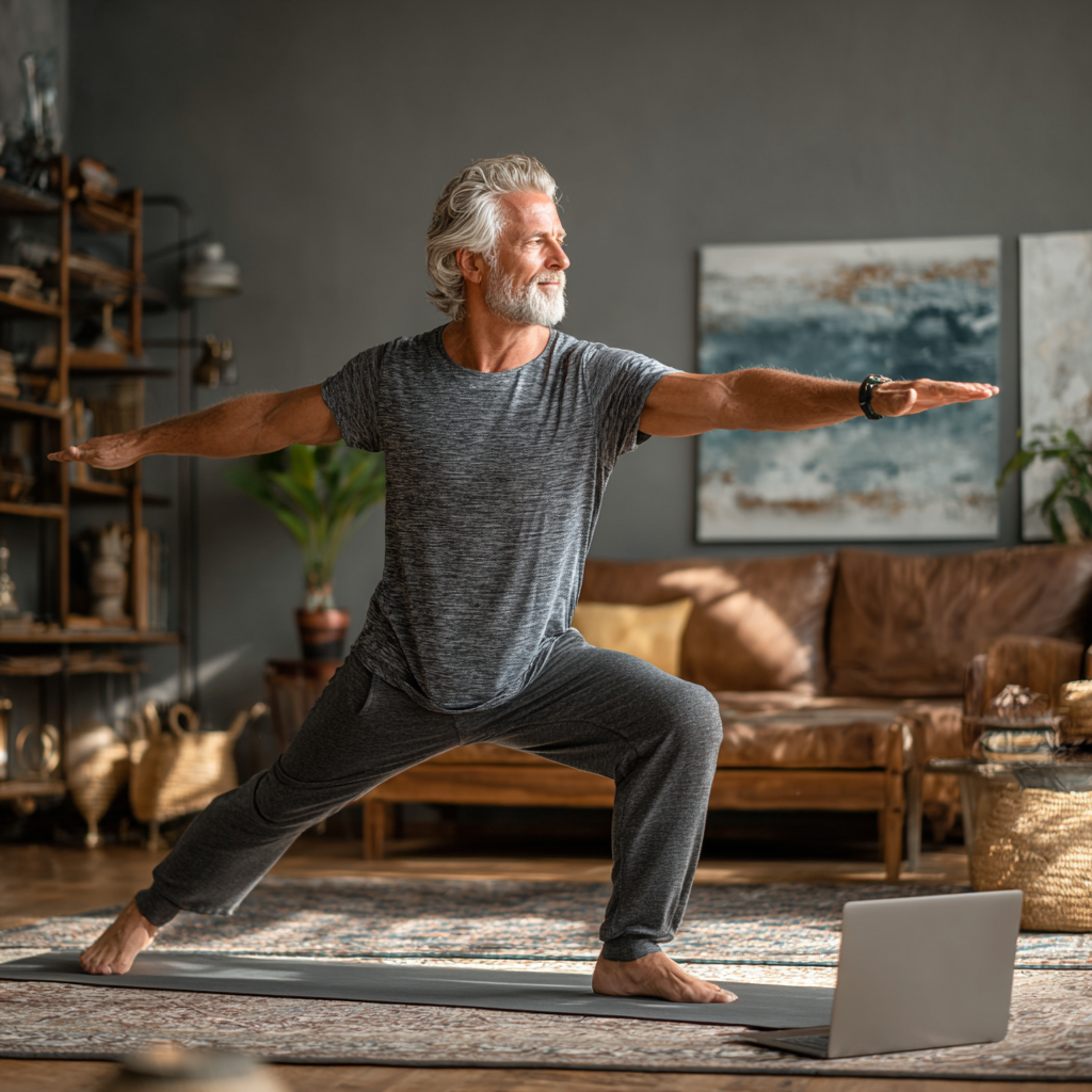 Чоловік 60 років займається йогою вдома, дивлячись на екран ноутбука, виконує позу воїна