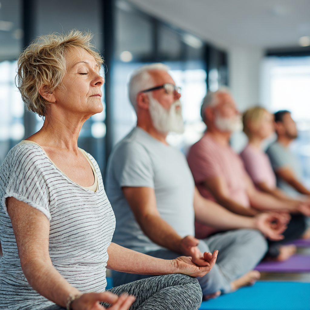 Група людей віком 50-60 років виконують дихальні вправи на йога-килимках у світлій кімнаті